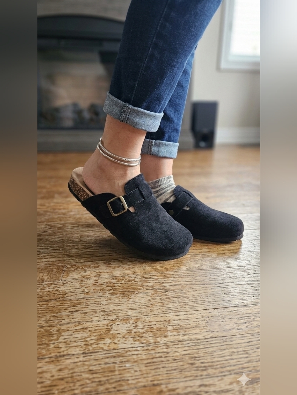 Black Suede Clog Mules - Cork Footbed Comfort Slides - Size 8